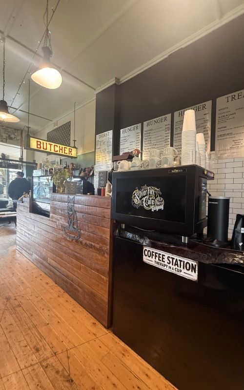 The counter of Silver Fox Coffee, a charming old cafe in Gulgong, New South Wales